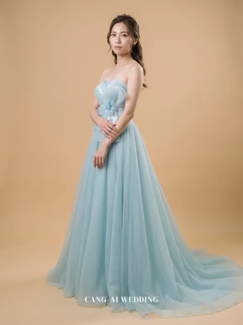 Xanthe pale aqua evening gown, front, full length