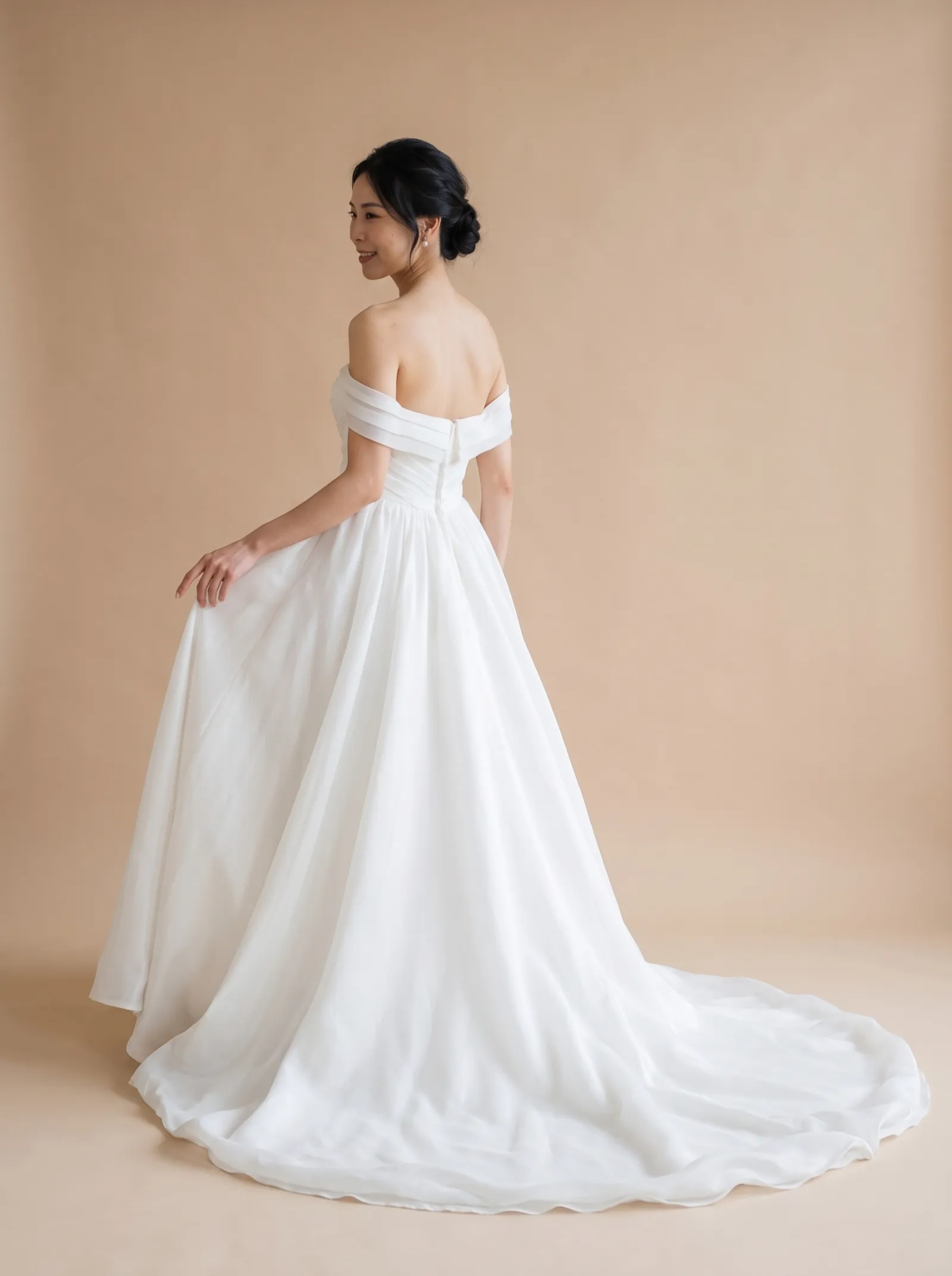 Romy wedding gown, candid - train release