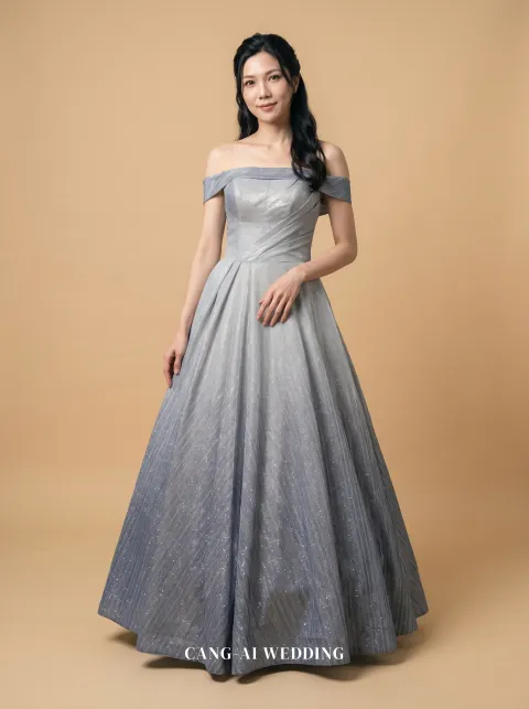 Ottilie silver evening gown, front, full length