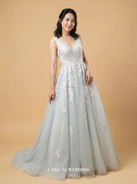 Zora sage and blush evening gown, front, full length