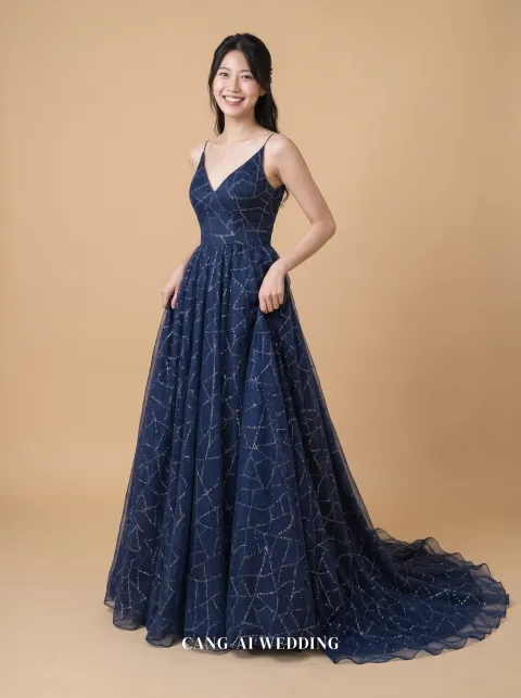 Honora navy evening gown, front, full length