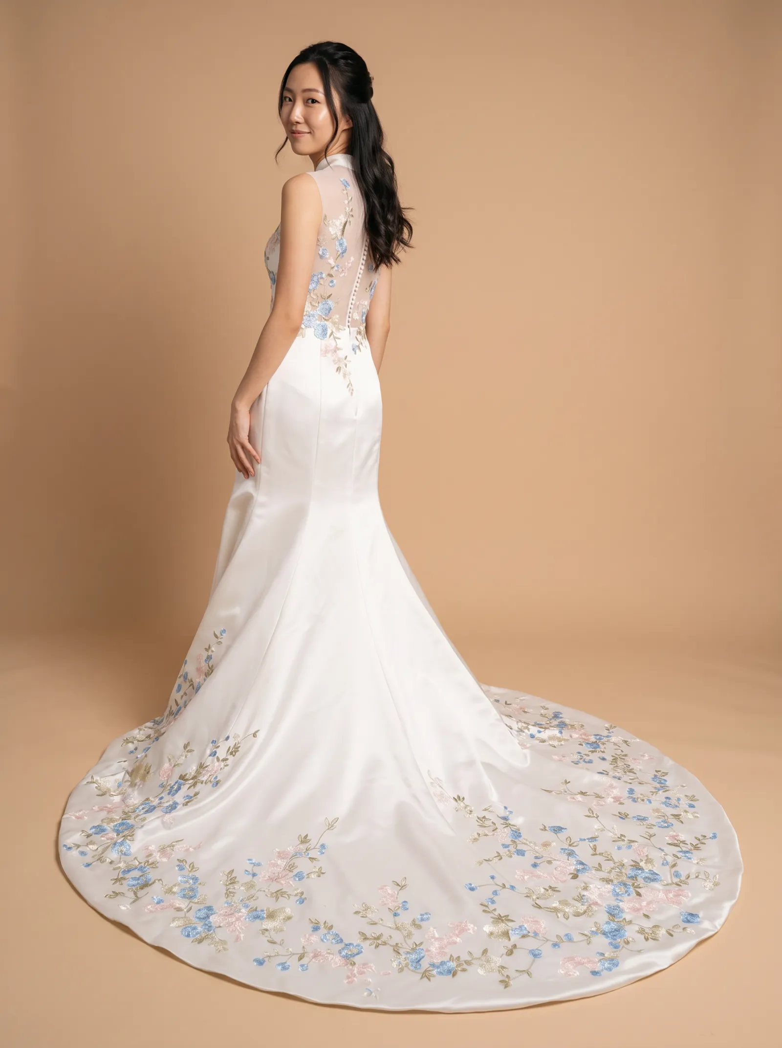 Delphine wedding gown, back full-length, over-shoulder glance