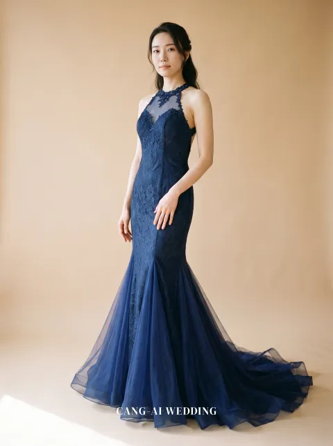 Kalina navy evening gown, front, full length