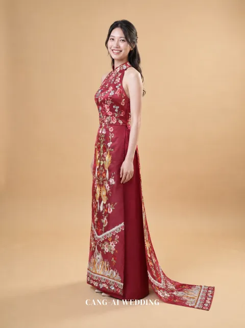 Liesel burgundy evening gown, front, full length