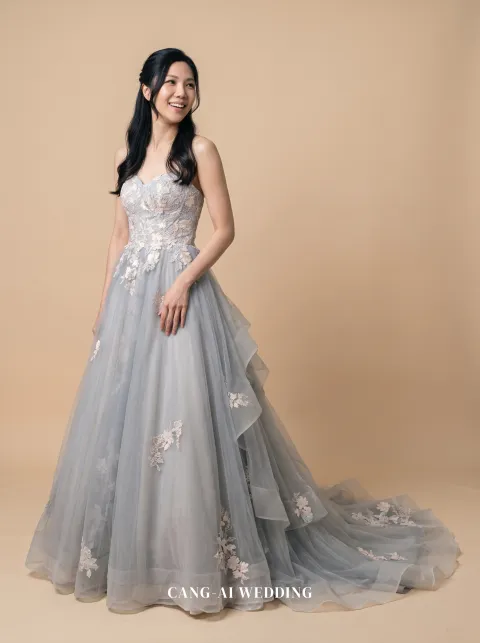 Maelle dusty blue and blush evening gown, front, full length