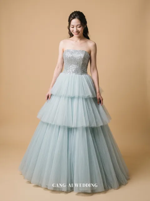 Orla dusty blue and silver evening gown, front, full length