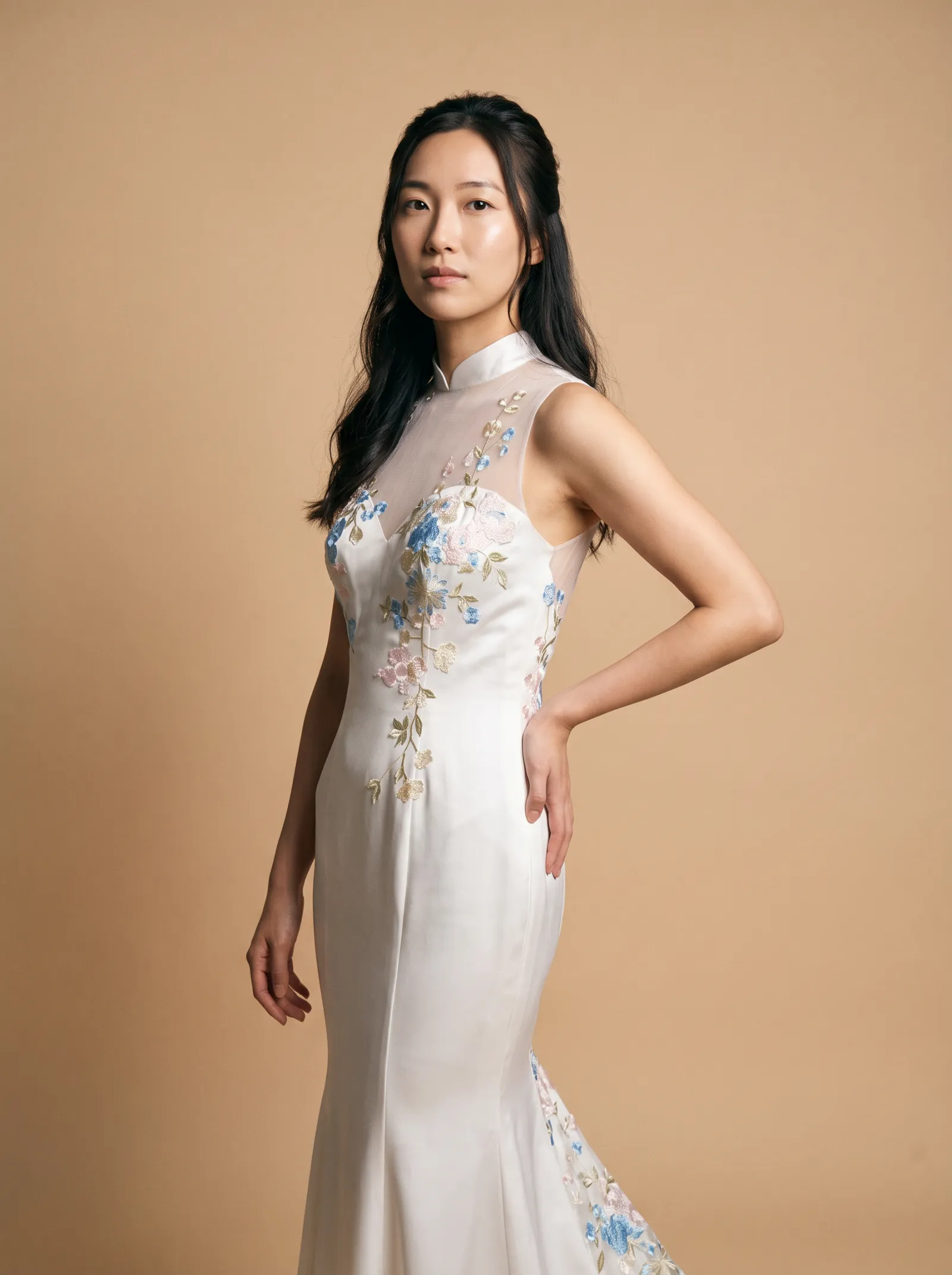 Delphine wedding gown, three-quarter close - front, weight on one hip