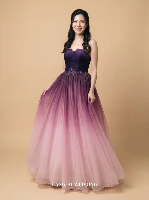 Galatea purple and mauve evening gown, front, full length