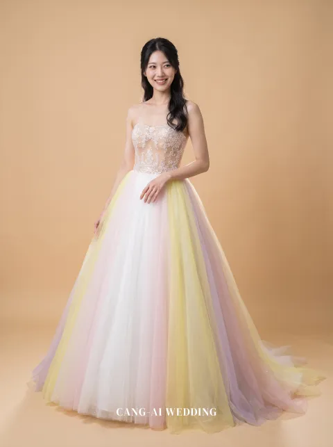 Marisol ivory and blush evening gown (Pastel Rainbow), front, full length