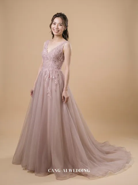 Aurelia dusty pink evening gown, front, full length