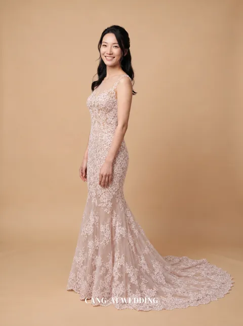 Perpetua blush evening gown, front, full length
