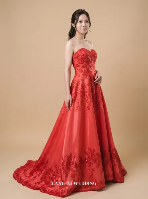 Felicity red evening gown, front, full length