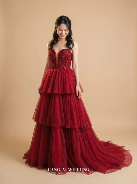 Maren red evening gown, front, full length
