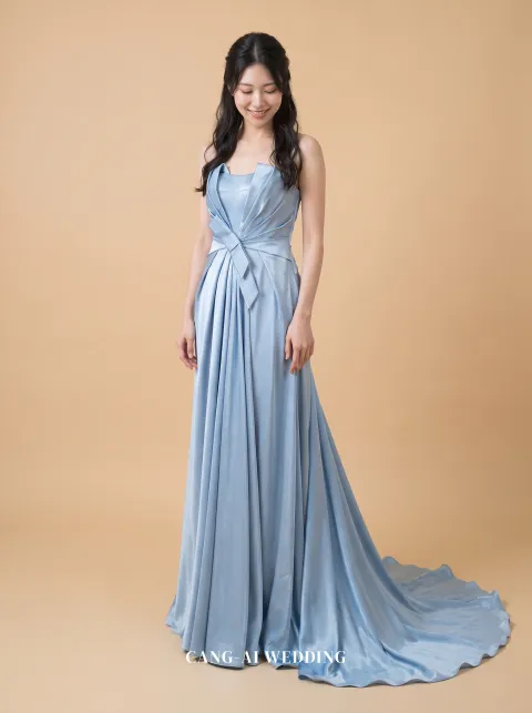 Dahlia dusty blue evening gown, front, full length