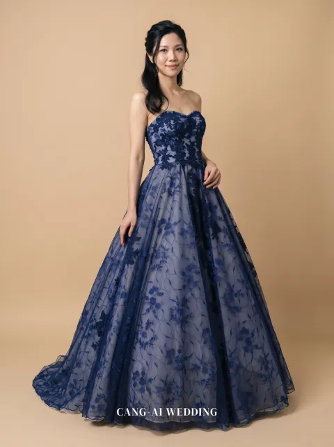 Cosima navy and dusty blue evening gown, front, full length