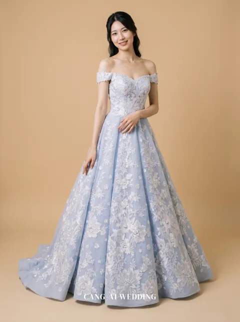 Solenne dusty blue and silver evening gown, front, full length