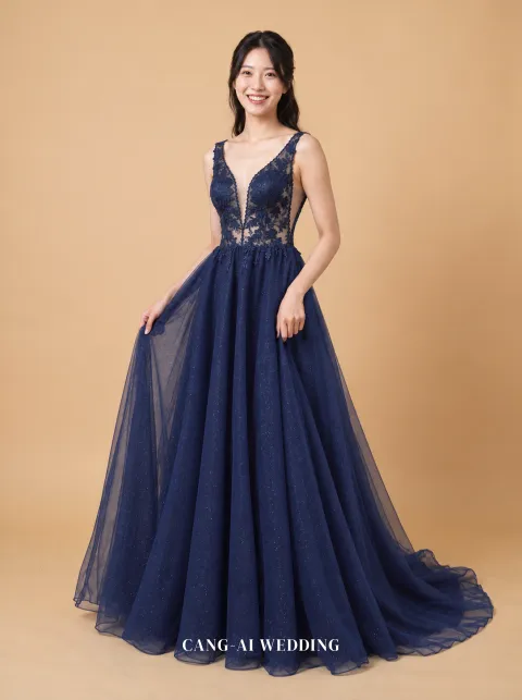 Philippa navy evening gown, front, full length