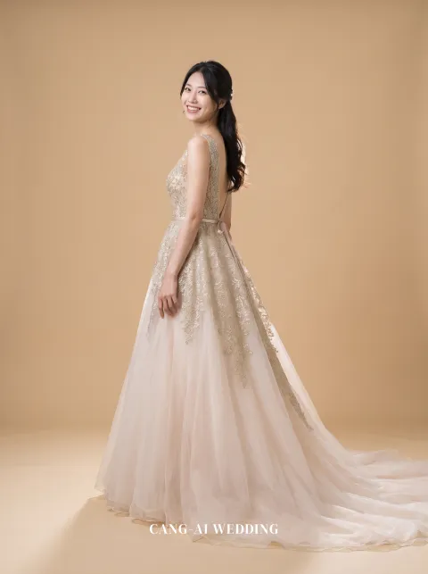 Calla blush and gold evening gown, front, full length
