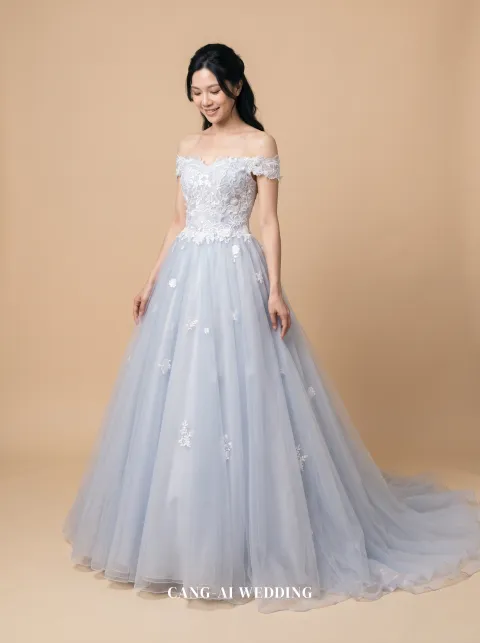 Lumi dusty blue evening gown, front, full length