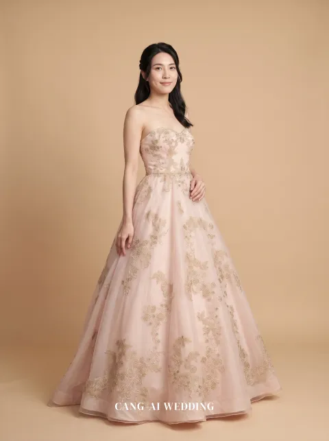 Esmeralda blush and gold evening gown, front, full length