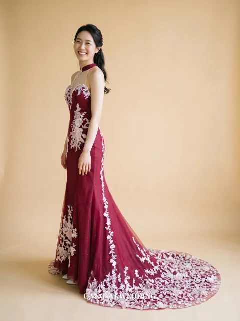 Mireille burgundy evening gown, front, full length