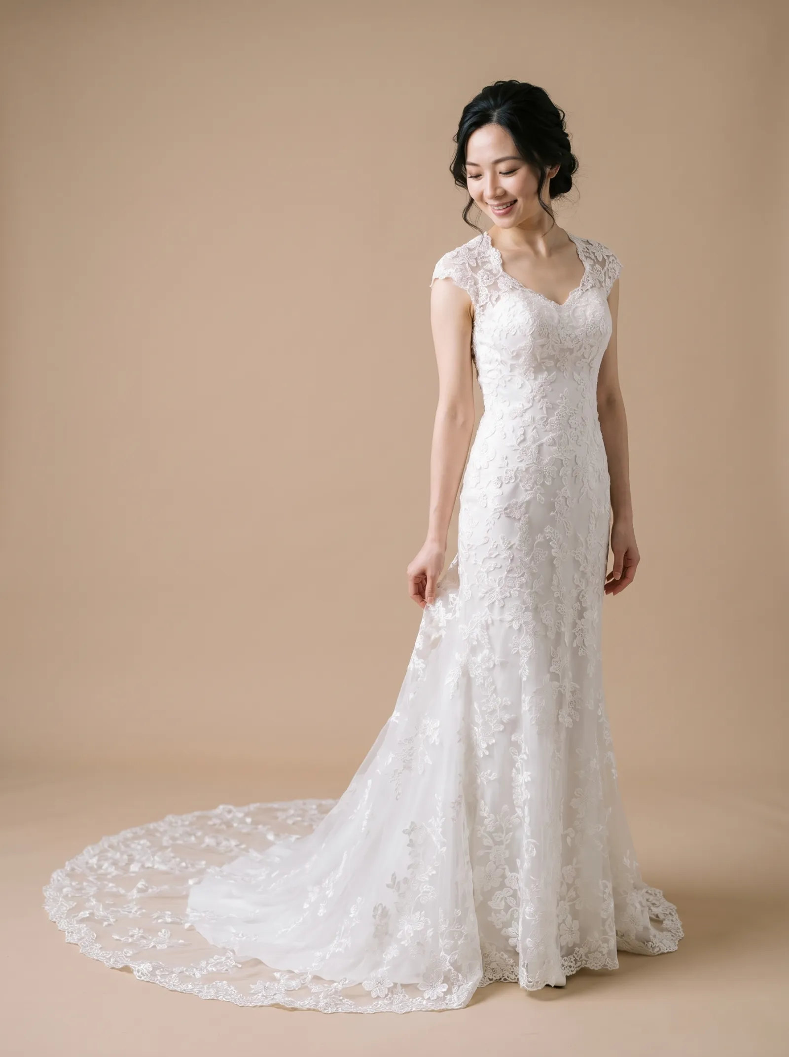Constance wedding gown, candid - gown brush